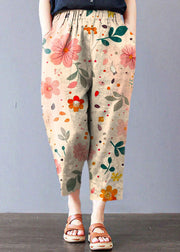 Italian Grey Flowers Embroidered Pockets Linen Straight Pants Spring