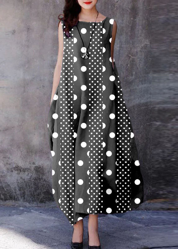 Bohemian Grey polka dots O-Neck Exra Large Hem Cotton Dresses Sleeveless