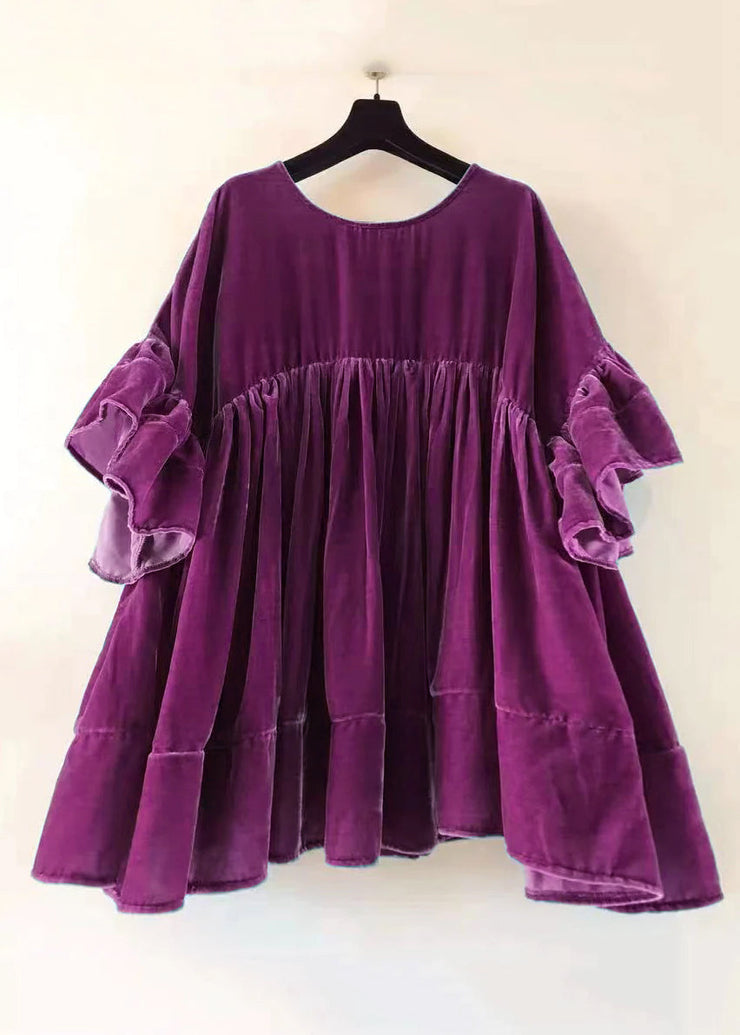 Plus Size Red Wrinkled Patchwork Velour Short Dress Butterfly Sleeve