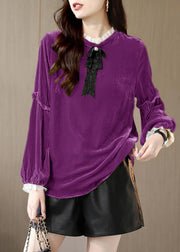 Women Purple Ruffled Patchwork Velour Shirt Top Spring