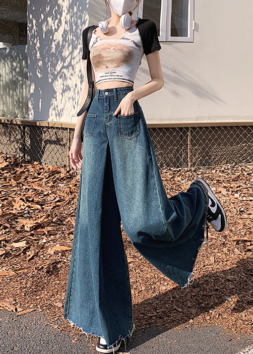 American Blue High Waist Ragged Wide Leg Jeans Summer