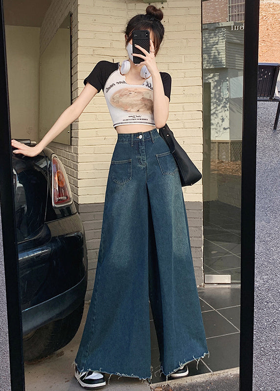 American Blue High Waist Ragged Wide Leg Jeans Summer