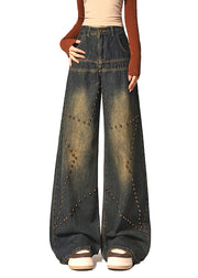 American Retro Blue Rivets High Waist Denim Wide Leg Pants Winter