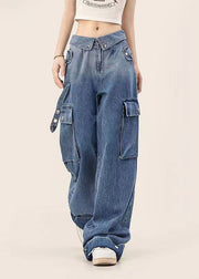 American Style Blue Gradient Pockets Denim Straight Pants Spring