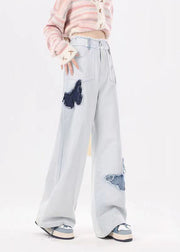 American Style Light Blue Pockets Butterfly Patch Denim Pants Spring