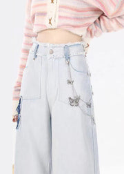 American Style Light Blue Pockets Butterfly Patch Denim Pants Spring