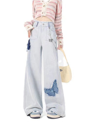 American Style Light Blue Pockets Butterfly Patch Denim Pants Spring