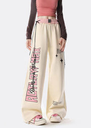 American Style Streetwear Apricot Graphic Drawstring Cotton Straight Pants Spring