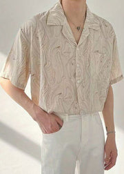 Apricot Button Cotton Men Shirt Notched Short Sleeve