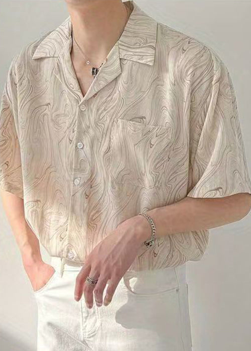 Apricot Button Cotton Men Shirt Notched Short Sleeve