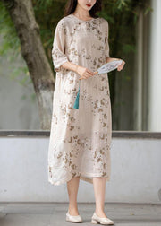 Apricot Button Linen Long Dress O Neck Half Sleeve