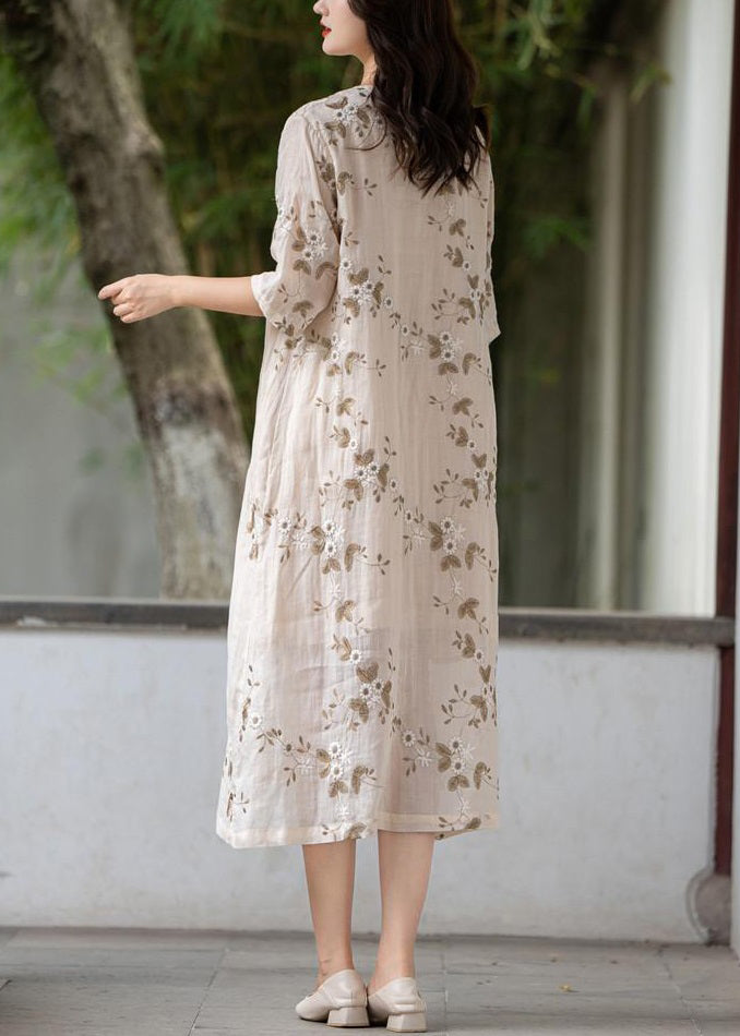 Apricot Button Linen Long Dress O Neck Half Sleeve