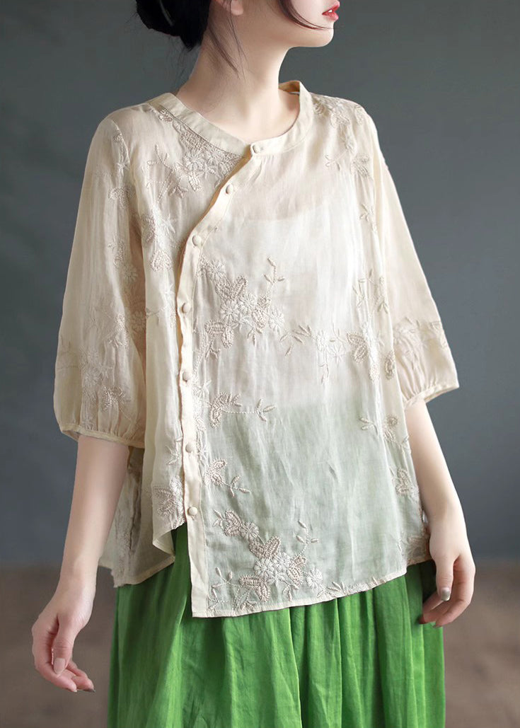 Apricot Embroidered Patchwork Linen Blouses O Neck Half Sleeve