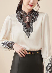 Apricot Lace Patchwork Chiffon Shirts Stand Collar Long Sleeve