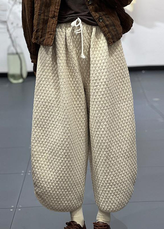 Apricot Lace Up Patchwork Cotton Filled Elastic Waist Wide Leg Pants