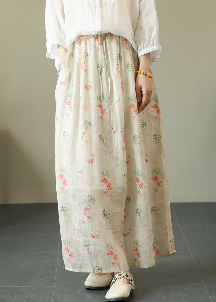 Apricot Lace Up Pockets Cotton Skirts High Waist