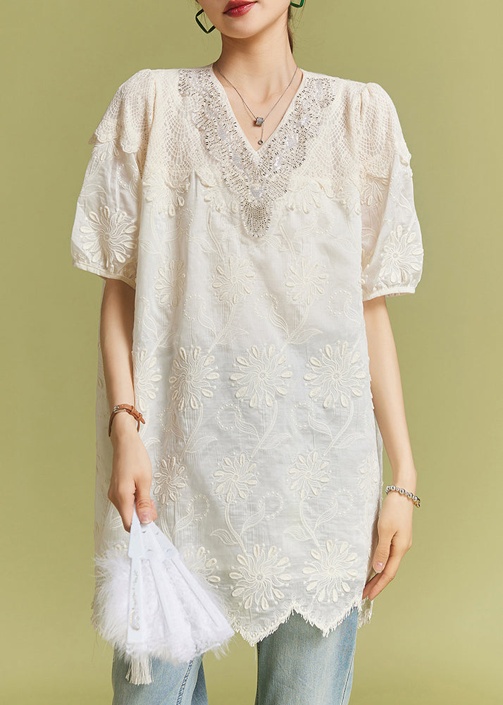 Apricot Nail Bead Lace Cotton Tops Short Sleeve