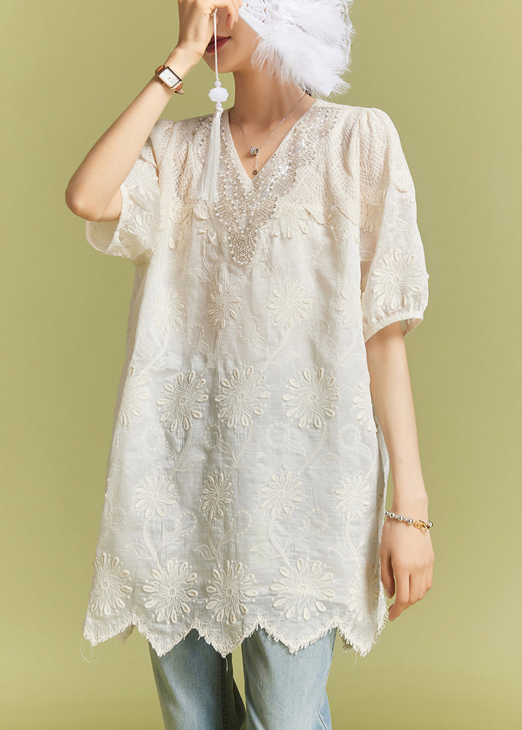 Apricot Nail Bead Lace Cotton Tops Short Sleeve