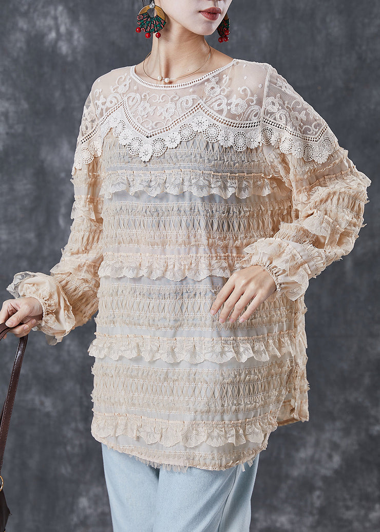 Apricot Patchwork Lace Shirt Tops Ruffled Spring