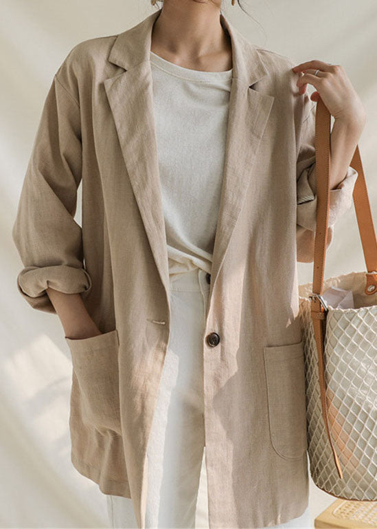 Apricot Patchwork Linen Coats Peter Pan Collar Long Sleeve