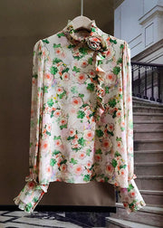 Apricot Patchwork Silk Top Ruffled Long Sleeve