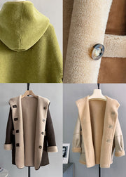 Apricot Pockets Button Patchwork Woolen Hoodies Outwear Winter