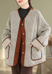 Apricot Pockets Print Warm Fleece Coat Outwear V Neck Winter