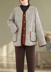 Apricot Pockets Print Warm Fleece Coat Outwear V Neck Winter