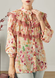 Apricot Print Chiffon Top Double-layer Wrinkled Summer