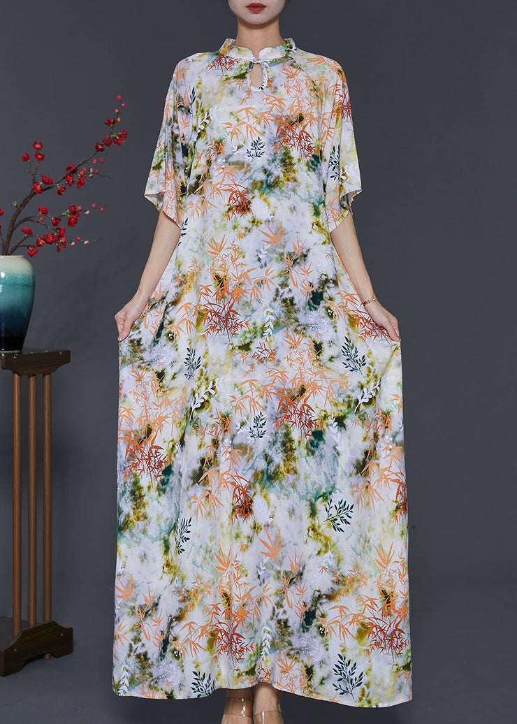 Apricot Print Cotton Cheongsam Dress Mandarin Collar Summer