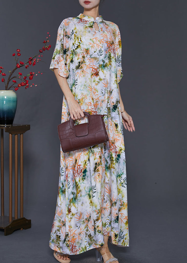 Apricot Print Cotton Cheongsam Dress Mandarin Collar Summer