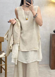 Apricot Side Open Patchwork Cotton Tank O Neck Summer