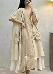 Apricot Solid Loose Cotton Long Cardigan Pockets Half Sleeve