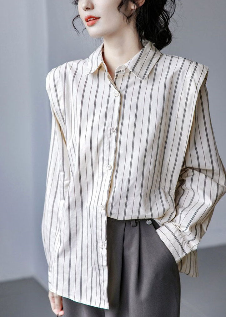 Apricot Striped Cotton Shirt Tops Turn-down Collar Button Long Sleeve