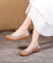 Apricot Wedge Sheepskin Women Sandals Hollow Out