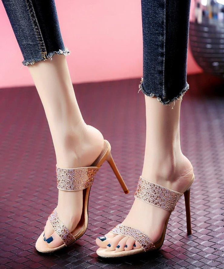 Apricot Zircon Stiletto Plus Size Peep Toe High Heel Slippers