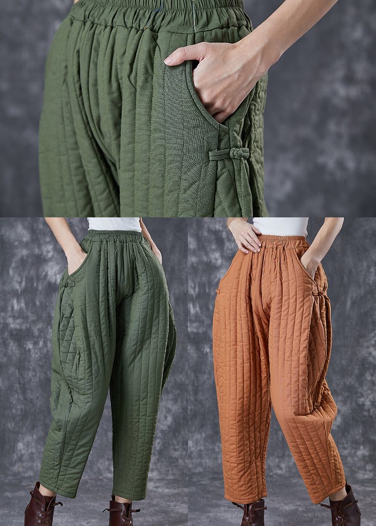 Army Green Fine Cotton Filled Harem Pants Oversized Oriental Winter