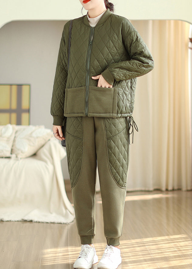 Army Green Fine Cotton Filled Two Piece Set Cinched Pockets Winter