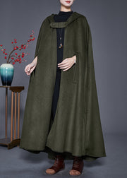 Army Green Loose Woolen Trench Coats Hooded Cloak Sleeves