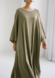 Army Green O-Neck Cotton Maxi Dress Long Sleeve