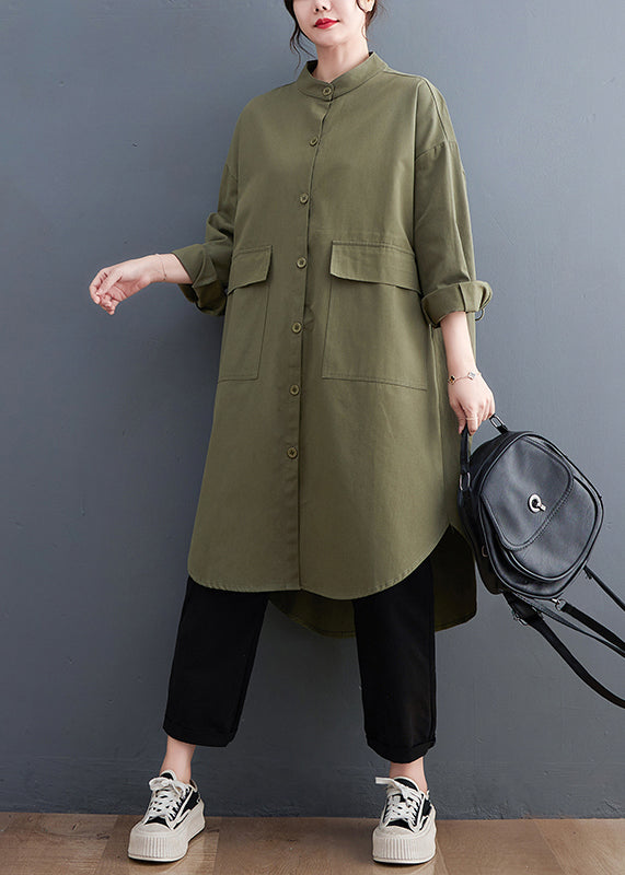 Army Green Oversized Cotton Shirt Dresses Pockets Fall