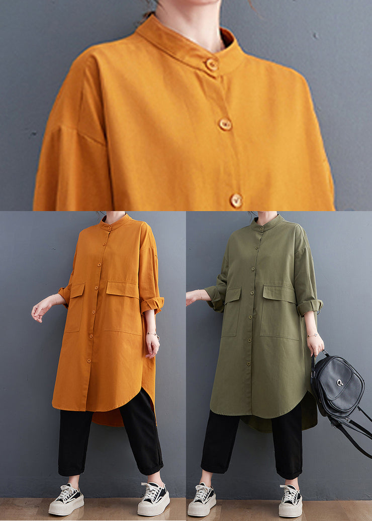 Army Green Oversized Cotton Shirt Dresses Pockets Fall