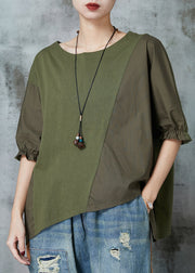 Army Green Patchwork Cotton Tops Asymmetrical Half Sleeve