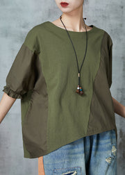 Army Green Patchwork Cotton Tops Asymmetrical Half Sleeve