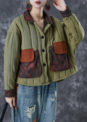 Army Green Patchwork Pockets Fine Cotton Filled Coat Oversized Winter