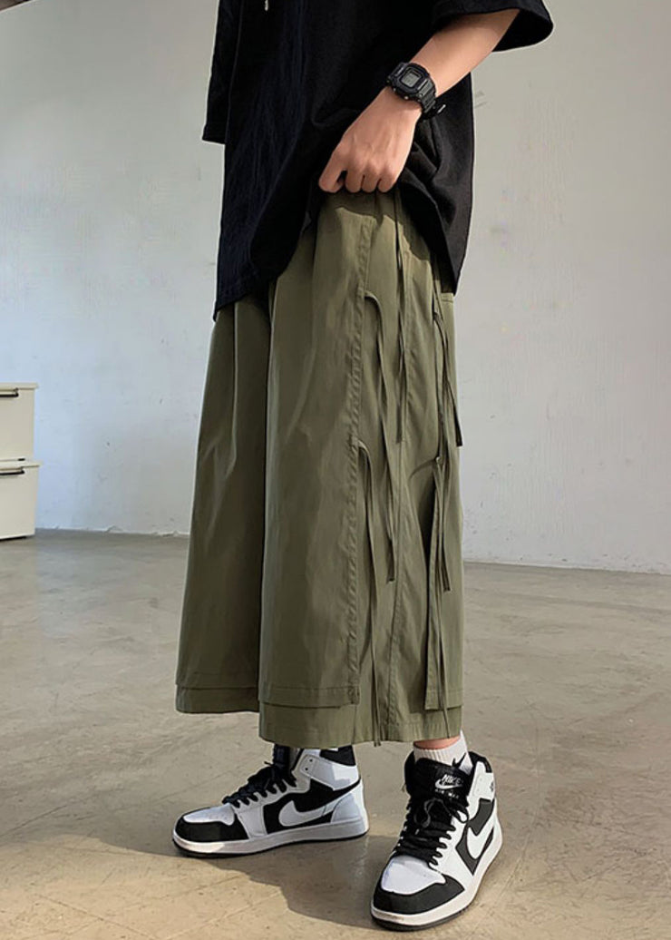 Army Green Pockets Patchwork Cotton Men Wide Leg Pants High Waist