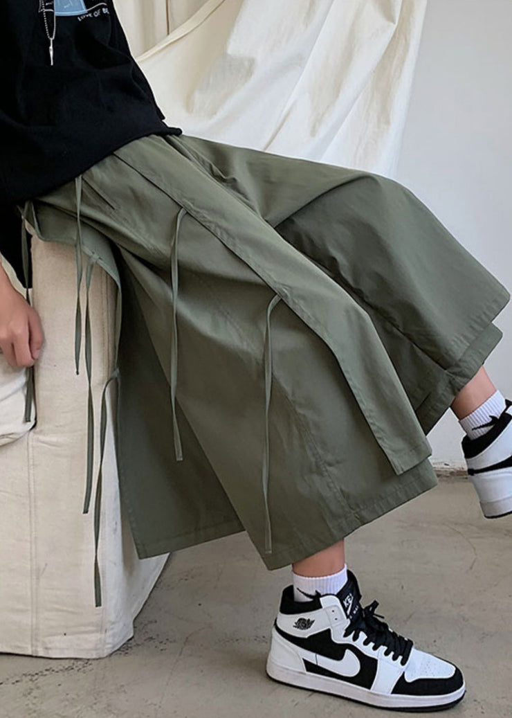 Army Green Pockets Patchwork Cotton Men Wide Leg Pants High Waist