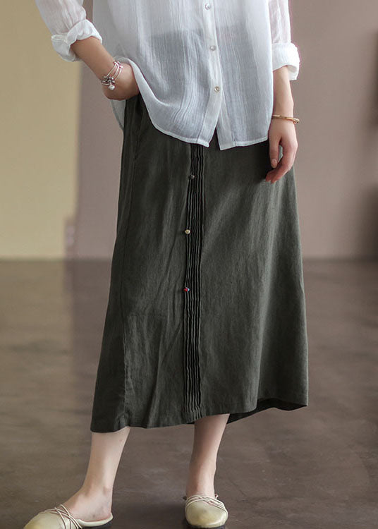 Army Green Pockets Patchwork Cotton Skirt Embroideried Summer