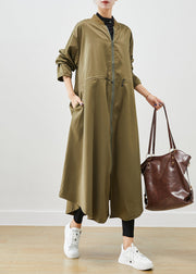 Army Green Spandex Trench Coats Zip Up Drawstring Fall