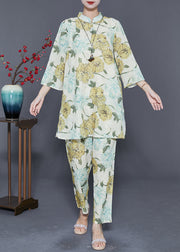 Art Apricot Oversized Floral Print Side Open Cotton Two Piece Set Outfits Summer